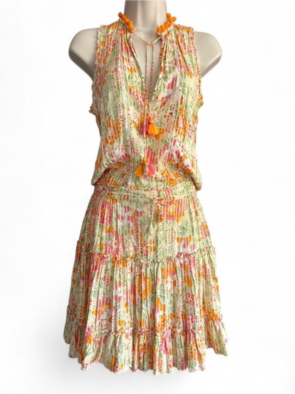 Poupette St Barth Mini Dress Small Boho Tassel Tie Pom Pom Trim Floral Resort